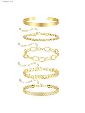 14K Gold Plated Cross Pearl CZ Leaf Bracelet Set Layering Bracelets